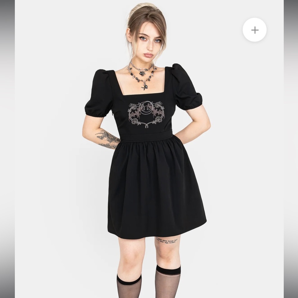 Vampyrum Bat Embroidered Puff Sleeve Mini Dress